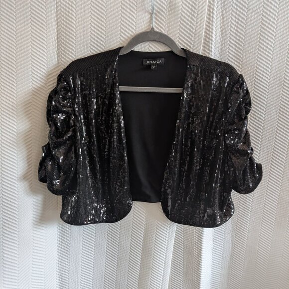 Vintage Jessica Black Sequin Bolero Shrug Ruched Sleeve XL - Picture 2 of 9